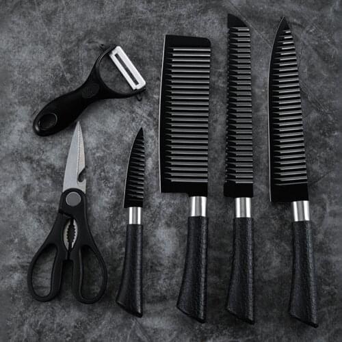 6PCS Black Blade Knife Set Wave Pattern Forged Kitchen Knives Set Stainless Steel Slicer Peeler Scissors(English Packing)