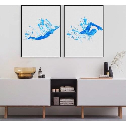 Abstract Blue Swimming Athlete Splash Of Water Canvas Prints Summer Day Wall Art Pictures Painting Poster Bathroom Decoration
