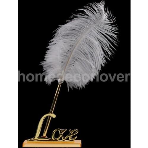White Feather Signing Pen with Gold Plated Metal Love Holder Wedding Pen Set