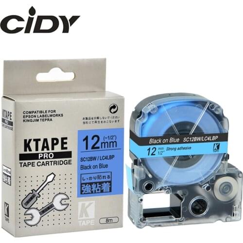 CIDY 20 ROLLS compatible SC12BW/LC4LBP LC-4LBP9 12MM black on blue strong adhesive label ribbon for KingJim machine LW300 LW400