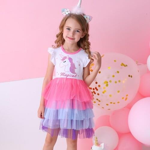 DXTON Baby Dresses Girls Summer Kids Dress For Girls Licorne Flare Sleeve Children Party Costumes Letter Printed Girls Clothing