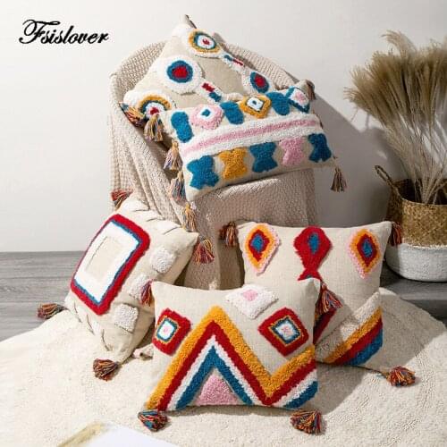 FSISLOVER Geometric Cushion Cover Handmade Three-dimensional Embroidered Pillow Case Mediterranean Cotton Line Sofa Pillowcase