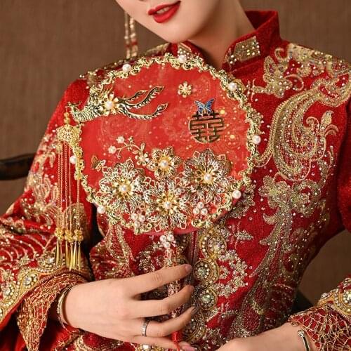 Chinese Bridal Wedding Xiuhe holding flower fan hand held fans wedding fan fans hand dropshipping 2021 new arrivals