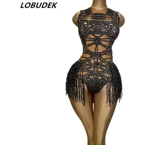 Sexy Tight Fitting Crystal Stones Tassel Dancer Bodysuit Women Sleeveless Elastic Rhinestones Leotard Nightclub Dance Costume