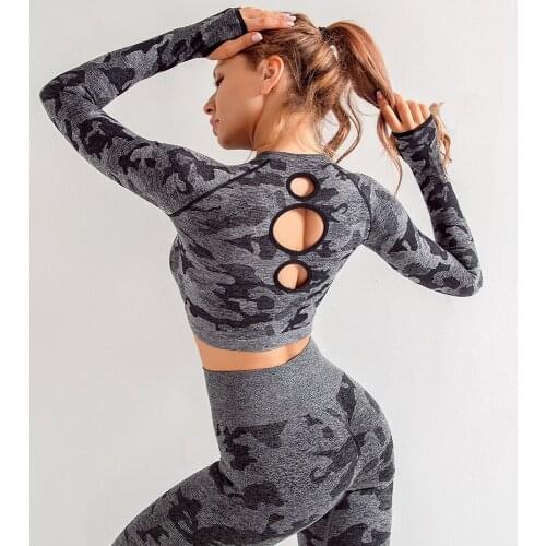INFILAR Camouflage Women Sports Suits Seamless 2PCS Yoga Sets Long Sleeves Crop Tops+High Waist Leggings Fitness Gym Clothes