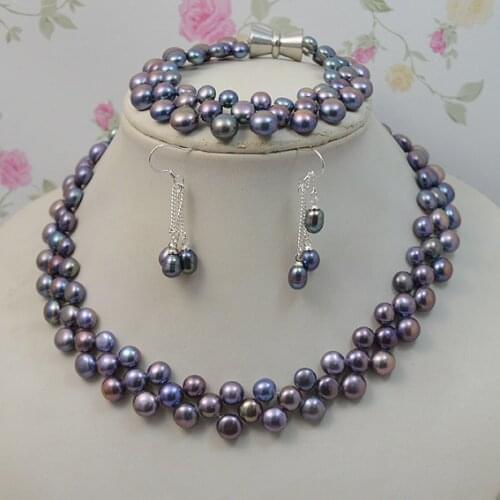 Natural Pearl Jewellery Set Black Color Woman Freshwater Pearl Necklace Bracelet Earrings 925 Silver Jewellery Magnet Clasp