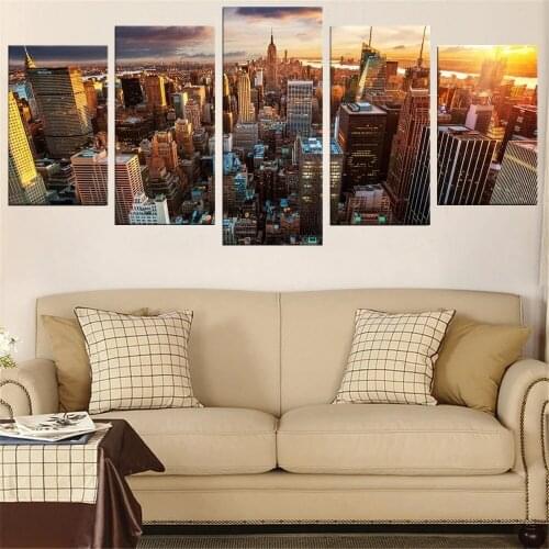 Canvas Wall Art 5 Piece Paintings Sunset City Landscape Modular Posters Home Modern Decor Living Room Decoration Pictures