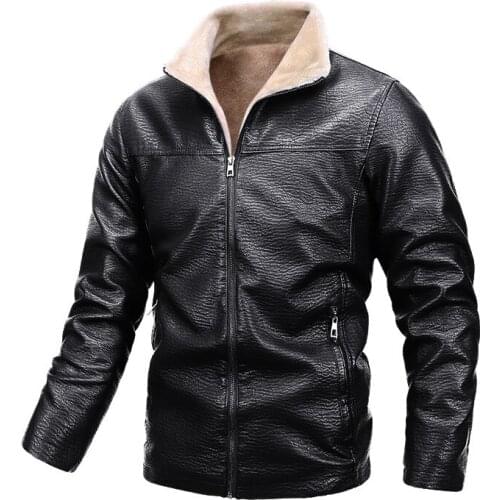 New 2020 Thick Motorcycle Leather Jacket Men Solid Color Casual PU Warm Mens Jacket Winter Fashion Zipper Mens Jacket