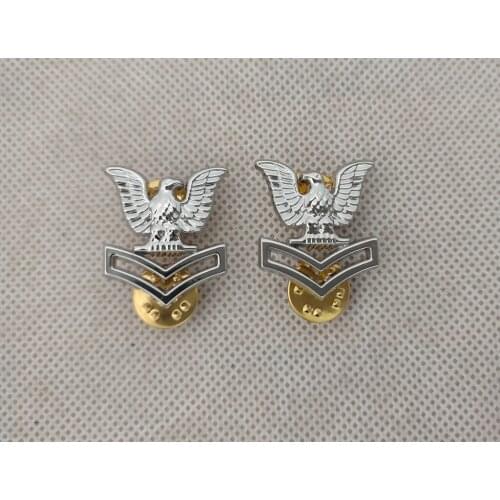 PAIR U.S. NAVY/ MARINE CORPS SILVER METAL COLLAR HAT PIN DEVICE: E5 SECOND CLASS PETTY OFFICER SEABEE
