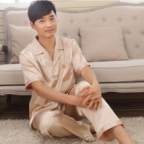Summer faux silk mens 2 piece Pajama Sets male Rayon homewear younster sleepwear Mens Sleep Lounge short pijamas nightwears
