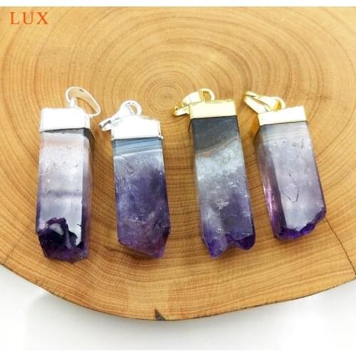 Natural Amethysts Gold silver Plated on Top pendant Purple Crystal druzy crystal pillar charm for necklace Jewelry making