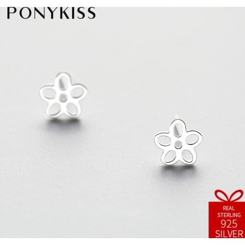 PONYKISS Romantic Solid S925 Sterling Silver Minimalist Hollow Flower Cute Stud Earrings Women Party Wedding Sweet Fine Gift