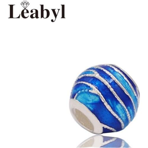 Leabyl Dark Blue Enamel Wave Round Charm Bead for DIY Bracelet & Bangle