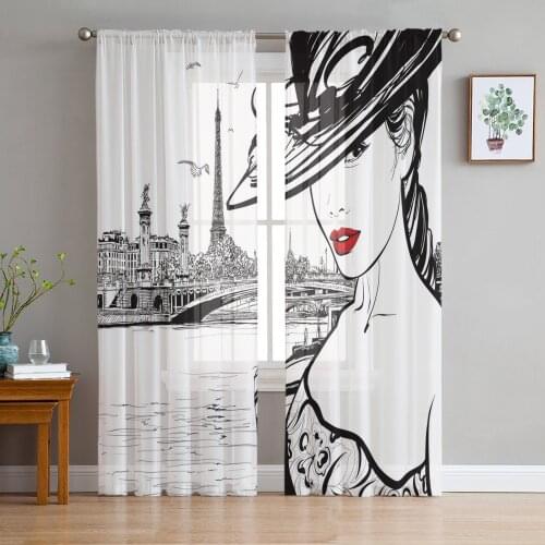 Paris Seine Woman Eiffel Tower Red Lips Paris Sheer Curtains for Living Room Tulle for Windows Voile Yarn Short Bedroom Curtains