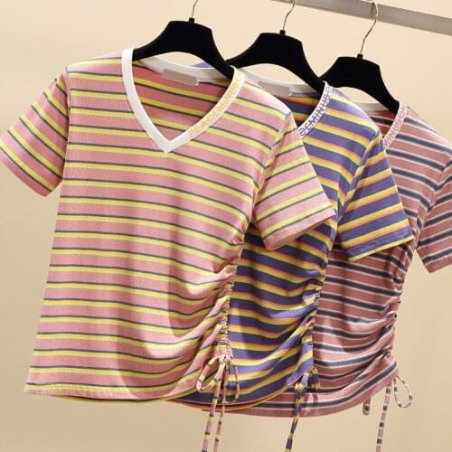 Gkfnmt 2021 Short Sleeve Striped Sexy V-Neck T Shirt Women Top Summer Cotton Shirring T-shirt Women Tee Shirt Femme Pink Yellow