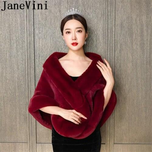 JaneVini 2020 Wine Red Women Shrugs Faux Fur Cape Wrap Boleros Wedding Fur Coat Burgundy Evening Dress Party Bolero Bridal Shawl