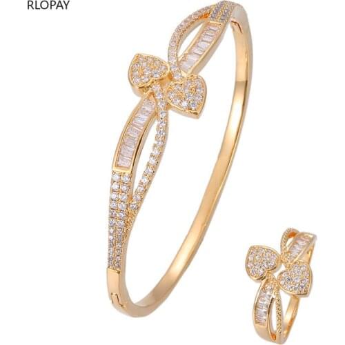 Golden Cubic Zircon Love Bracelets for Women Micro Paved Full Stone Open Cuff Bangle Ring Set Metal Bracelet Sets