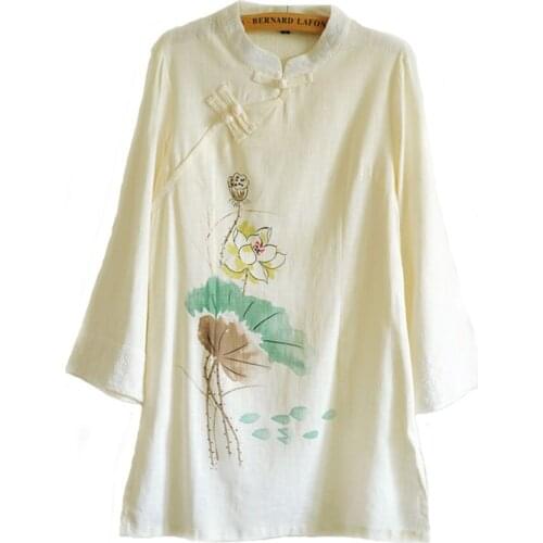 Women Chinese Cotton Linen Costume Traditional Clothing Zen Style Dress Tang Suit Shirt Lady Long Section Yoga Shirts