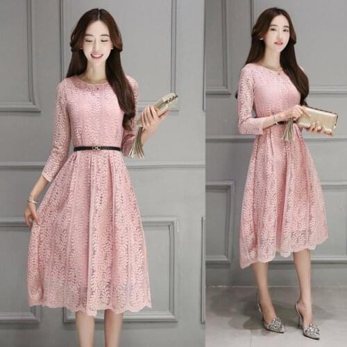Women Spring Summer Solid Color O Neck Hollow Lace Midi Sleeve Dress with Belt Korean version of the large size long dress