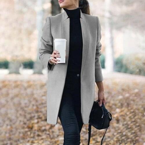 Women Autumn Winter Stand Neck Long Sleeve Coat Women Pockets Thin Wool Coats Casual Female Office Work Jackets Slim Overcoats