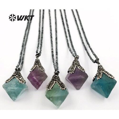 WT-NV210 Vintage Design Dice Shape Natural Rainbow Fluorite With Rhinestone Paved Capped Pendant 18 Inch Hematite Beads Necklace