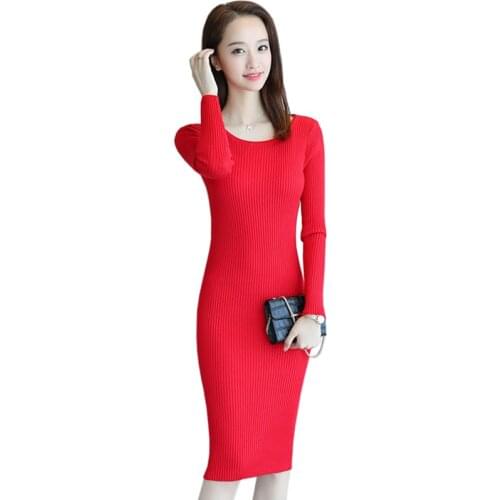 Women Spring Autumn Knitted Dress fashion Bodycon Elastic Dress Casual Warm Long sleeve Sweater Dresses women