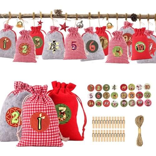 24PCS Christmas Calendar Gift Bag Set 24 Days Burlap Advent Calendar Gift Drawstring Bags DIY Christmas Embellishments with Clip