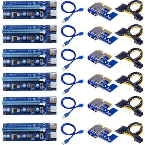 6pcs 006C PCIe 1x to 16x Express Riser Card Graphic pci-e riser Extender 60cm USB 3.0 Cable SATA to 6Pin Power for BTC mining