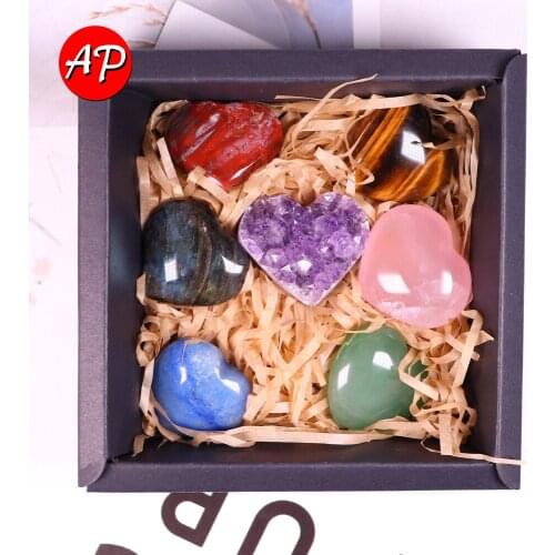 7pc Natural Heart Quartz Seven Chakras Amethyst Cluster Crystal Mineral Collection Therapy Stone Array Geomantic Ornaments