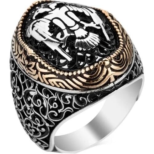 925 ring Double-Headed the Seljuk Eagle Silver Male Ring Awakening the Seljuk Array Person Şah Ring