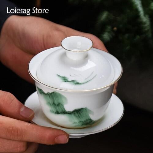 Loiesag 150ml White Porcelain Sancai Covered Bowl Sheep Fat Jade Porcelain Kung Fu Tea Set Tea Bowl Ceramic Office Drinking Cup