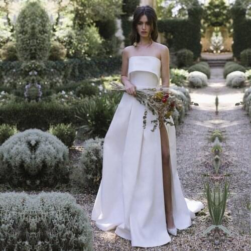 Strapless A Line Simple Satin Wedding Dress Long Spring Summer Vintage Garden High Split Bridal Gown TT427