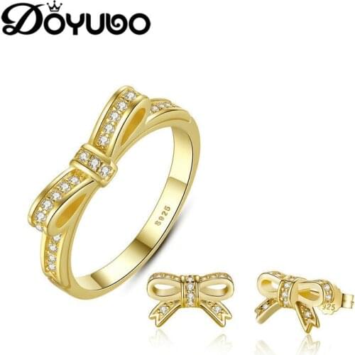 DOYUBO Vintage Sterling Silver Butterfly Earrings & Ring Jewelry Sets For Women Gold Color Cubic Zirconia Fashion Jewelry AB004