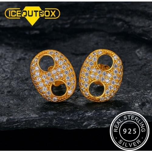 ICEOUTBOX 925 Silver Delicate Ear Stud Iced Out Cubic Zirconia Earring For Women Men Hip Hop Sterling Silver Jewelry Gold Silver