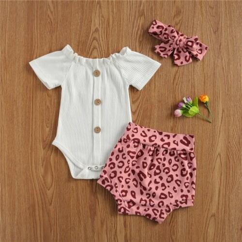Newborn Baby Girls Short Sleeve Set Solid Color Romper Tops Leopard Print Short Pants and Headband 3-piece Suits