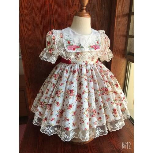 Girl Summer Red Rose Floral Embroidery Collar Turkish Spanish Vintage Lolita Ball Gown Princess Dress for Birthday Eid Holiday