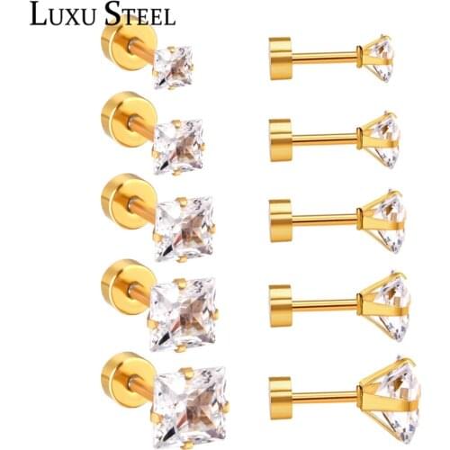 LUXUSTEEL Christmas Earrings Gold Color 5Pairs Sets Stainlesss Steel Size 3mm to 7mm Square Screw Stud Earring Jewlery