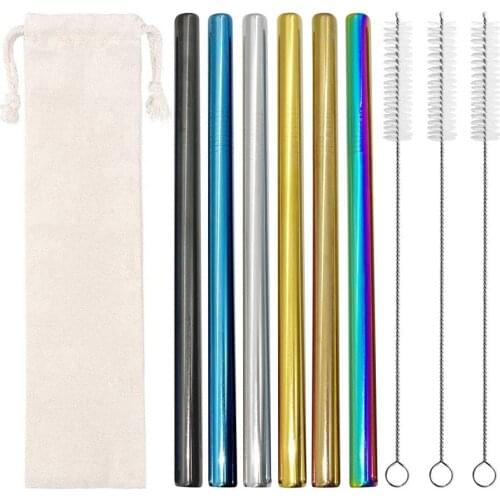 Reusable Colorful Stainless Steel Straws, Bubble Tea Straws, 6 Large Metal Straws, 3 Cleaning Brushes and 1 Storage Bag