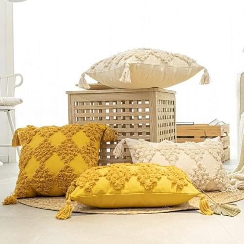 2021 Beige Yellow Cotton Cushion Cover 45x45cm Tassels Embroidery Pillow Cover Home Decor Sofa PillowCase Pillow