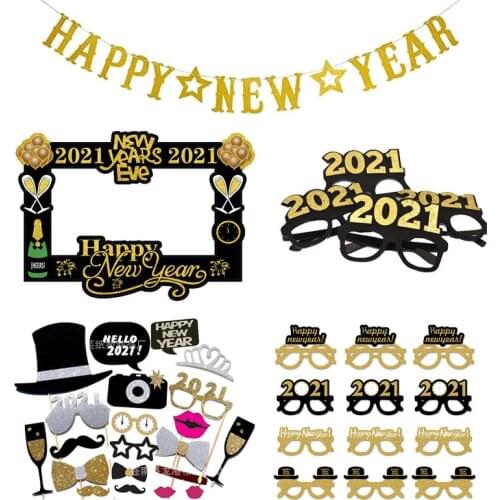 2021 Happy New Year Decoration Photo Booth Frame Props Balloons Gold Black Banner Garland Navidad New Year Eve Party Supplies