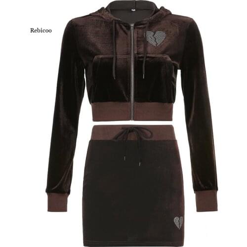 New Womens 2-Piece Set of Love Hot Diamond Cardigan Hooded Short Sweater + High-Waist Lace-Up Skirt Fashion Womens Suit