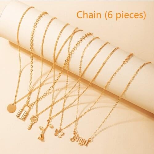 New 6 Pieces / Set Bohemian Rose Butterfly Angel Pendant Necklace Womens Letter Multi-layer Pearl Gothic Key Necklace Jewelry