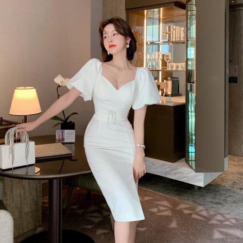Autumn Fashion Sexy Dress for Woman V-neck Midi Wrap Short Puff Sleeve Dress Ladies White Backless Dress Women Fashion 2020