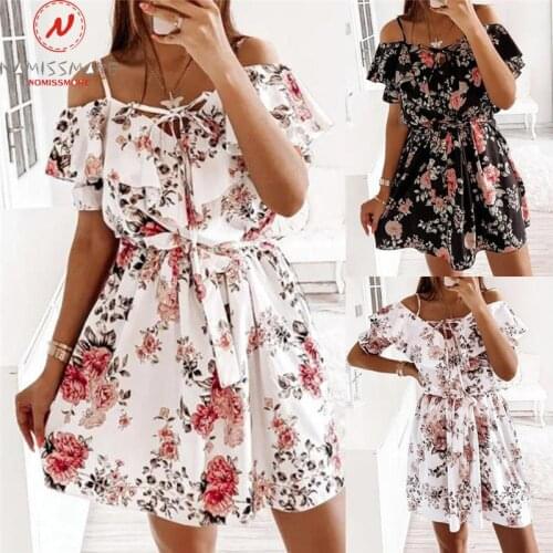 Sexy Women Summer Print A-Line Dress for Streetwear Bandage Design Ruffles Decor Sling V-Neck Short Sleeve High Waist Slim Dress