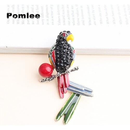 Pomlee Long Tail Parrot Bird Brooches Women 2-color Rhinestone Enamel Bird Wedding Party Casual Brooch Pins Gifts Wholesale