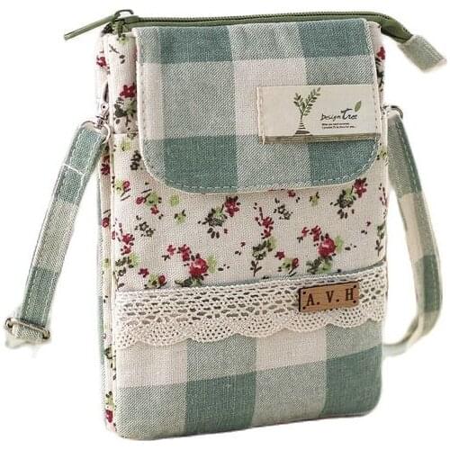 Cotton plaid floral women organizer long wallets ladies crossbody bags female small money pouches carteiras feminines for girls