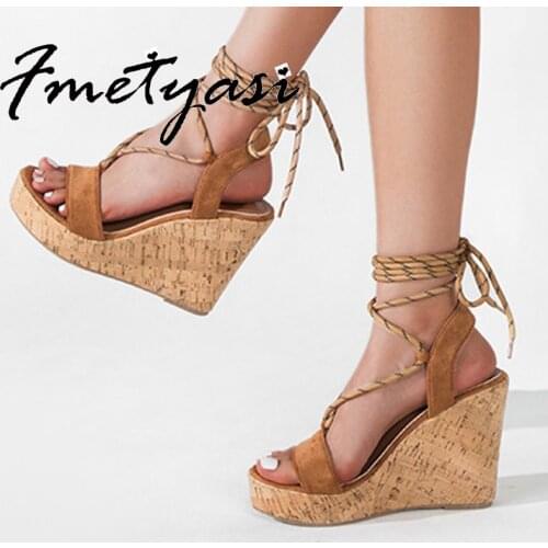 Modern Sandals New Design Big Size Gladiator Suede Ankle Cross Lace-up Wedge Heel for Woman Platform Waterproof Peep Open Toe