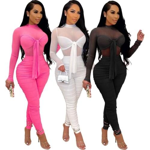 Adogirl Sexy Sheer Mesh Patchwork Fold Jumpsuit Women Full Sleeve See Through Long Romper Women Night Club Party Wear Outfits