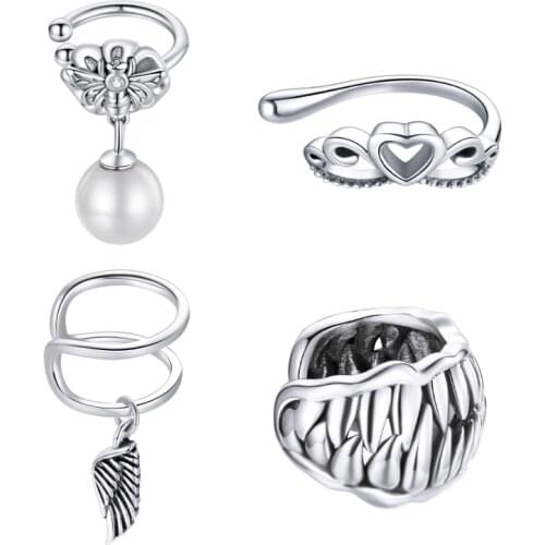 BISAER 925 Sterling Silver 1 pcs Charming Zircon Clip Earrings Ear Cuff For Women Pearl Earcuff Without Piercing Earrings EFE513