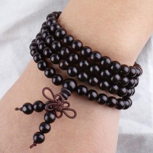 SUNYIK 108 6mm Black Ebony Wood Prayer Beads Buddhist Meditation Mala Necklace Bracelet
